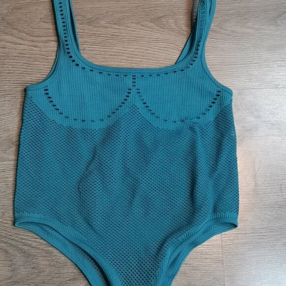 Neo-vintage Eco-luxe Teal Green Knit Pointelle Stretch Jersey Tank Bodysuit - Picture 2 of 5